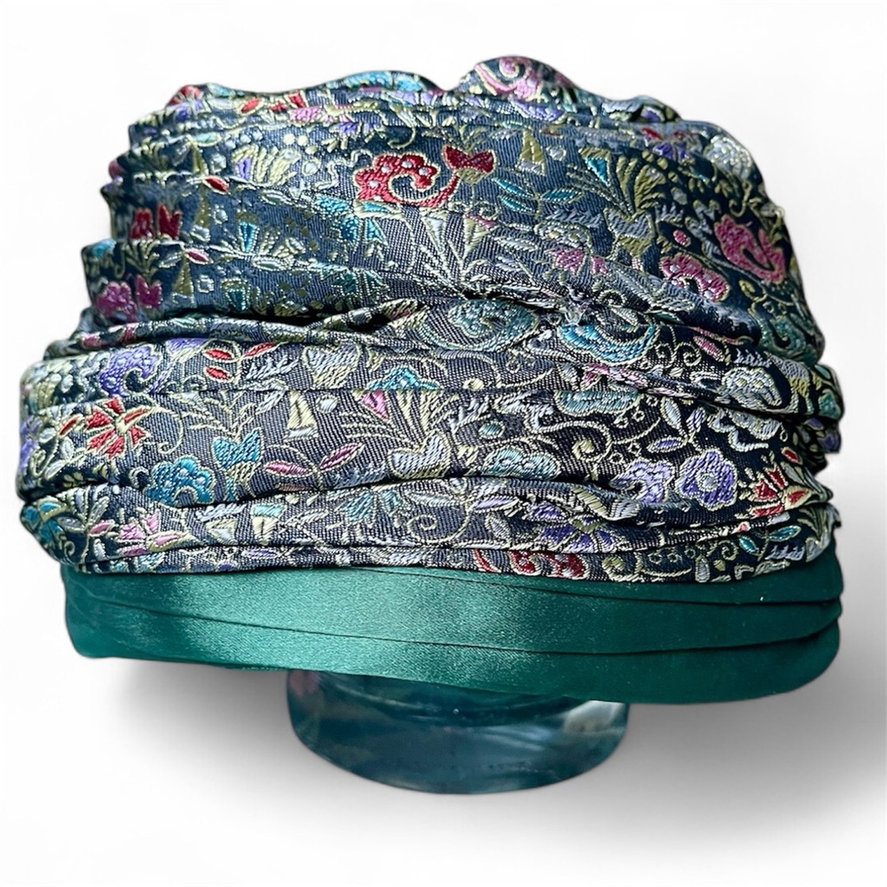 Lilly Dache Pleated Brocade & Green Silk Cloche Hat